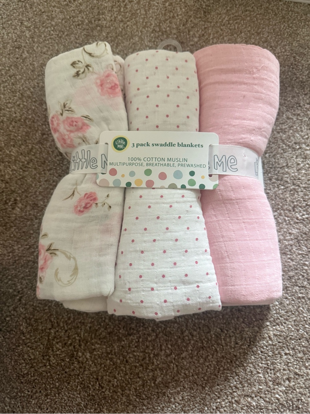 Little Me 3-Pack Cotton Muslin Swaddle Blankets in Pink and White